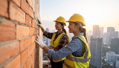 Two women conduct an internal audit of construction work results. Construction industry and business