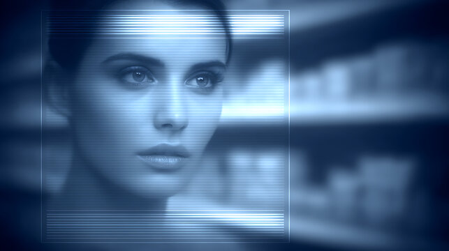 Close-up of a person's face displayed through a digital scanning interface with blue-toned lighting and horizontal scan lines.