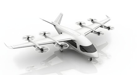 White futuristic eVTOL aircraft isolated on white background for future transportation
