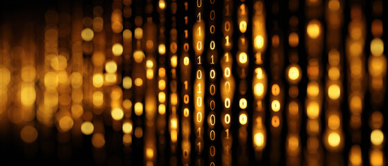 Naklejka premium Flujo de código binario dorado: partículas de datos brillantes en una escena digital futurista de luz y movimiento