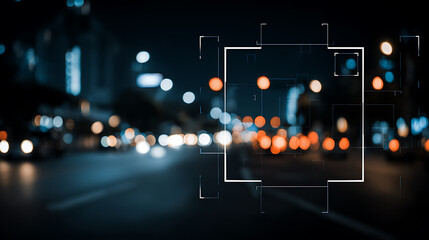 Nighttime city street with bokeh lights and digital overlay grid