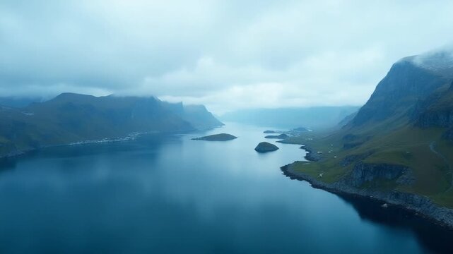Flight over the sea coast of Norway. Beautiful landscape of the bay and the mountains. Lofoten Islands. 4k