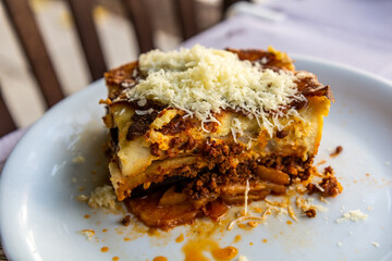 Plate of moussaka in a restaurant in Greece