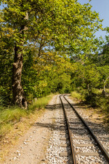 Fototapeta premium Narrow gauge Odontotos railway in Vouraikos Gorge on Peloponnese peninsula, Greece.
