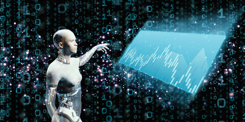 robot hand and stock market background hologram graph stock trading ai future robot technology 3D illustration
