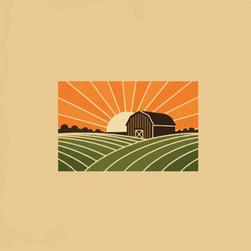 Stylized barn on rolling green hills at sunrise