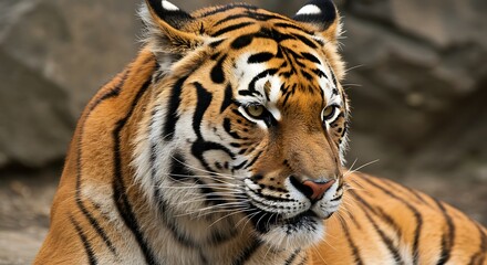 Fototapeta premium A majestic tiger rests, its striped fur and piercing gaze captivating the viewer. The big cat is alert, observing its surroundings.