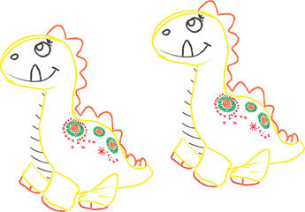 Two Hand Drawn Cartoon Dinosaurs with Colorful Accents on a White Background