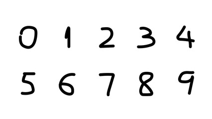 Hand drawing doodle style pack of numbers from zero to nine. Black numerals 0, 1, 2, 3, 4, 5, 6, 7, 8, 9. Isolated alpha image with a transparent background for easy use in projects.