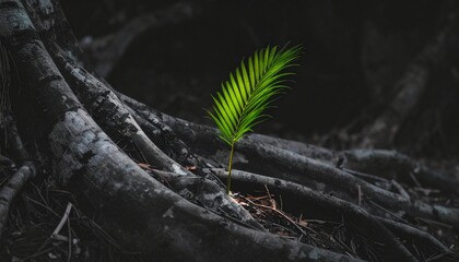 A single vibrant green palm frond sprouts from a cluster of dark, weathered roots, symbolizing resilience and new beginnings in nature