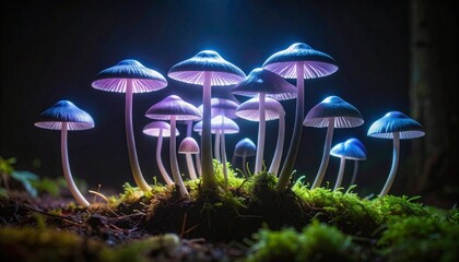 A magical cluster of bioluminescent mushrooms glowing with a mysterious purple light in an enchanted forest