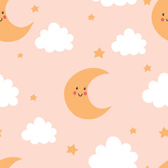 Cute moon seamless pattern. Background for kids with moon, stars and clouds. Vector illustration. It can be used for wallpapers, wrapping, cards, patterns for clothes and other.