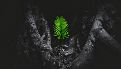 A Single Palm Sprout Emerging from Dark Roots A Symbol of Hope and Resilience