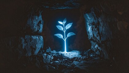 A vibrant blue plant sprout emits an ethereal glow, piercing the deep darkness of a rocky cavern, symbolizing new life, growth, and enduring hope