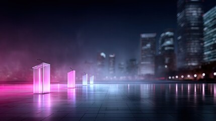 Abstract Cityscape Night Scene with Illuminated Podiums in Blue and Pink Futuristic Atmosphere