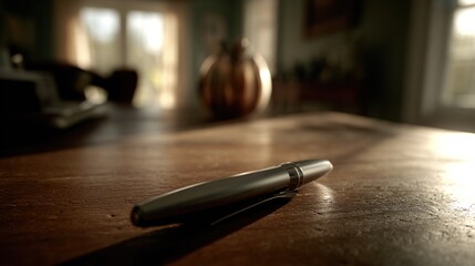instrument. A single pen lying on a wooden desk with blurred background, professional workspace vibe. pitch deck slides, case study pages, designed for brand storytelling and e-commerce strategy.