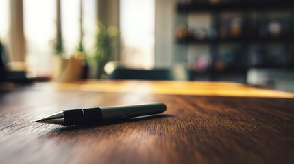 instrument. A single pen lying on a wooden desk with blurred background, professional workspace vibe. pitch deck slides, case study pages, designed for brand storytelling and e-commerce strategy.