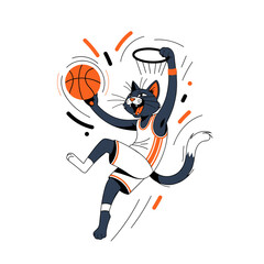 Athletic Black Cat Dunking Basketball in Orange and White Jersey.