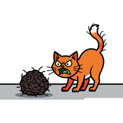 Angry orange cartoon cat with an arched back and bristling fur hissing at a disgusting hairball.