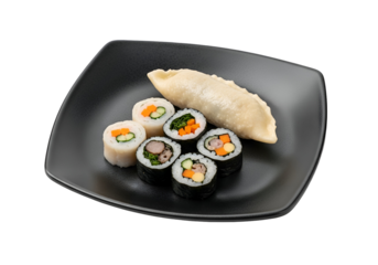 A selection of assorted sushi rolls and dumplings presented on a dark plate against a black background.