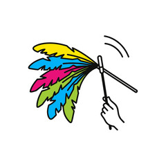 Cartoon hand waving a magic wand creating a vibrant burst of colorful feathery magic.