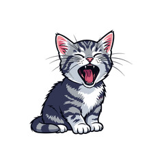 Cartoon Kitten with Open Mouth Sitting Pose Striped Gray and White Fur.