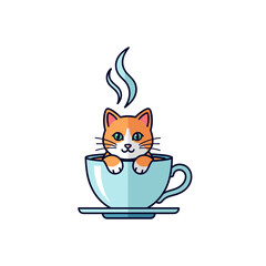 Cartoon Orange and White Cat in a Blue Cup with Steam.
