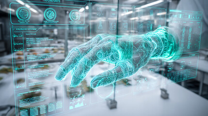 Holographic digital hand projection displayed on a futuristic interface with data overlays in a laboratory setting