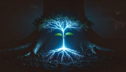Mystical Tree Illuminated Growth, Rooted in Energy, a Symbol of Life and Nature's Power