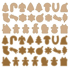 Vector illustration of Christmas gingerbread cookie shapes set, assorted festive silhouettes with outline in brown shades, isolated on white background