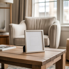 Blank picture frame on wooden table in cozy living room