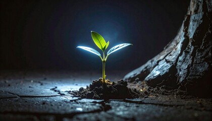 A solitary glowing plant represents hope and new life sprouting from a crack in the darkness