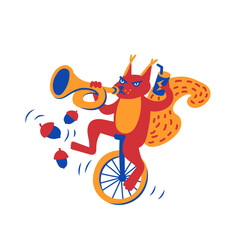 Colorful cartoon vector of a squirrel on a unicycle, blowing a trumpet, holding a bottle, with acorns falling, playful and humorous animal illustration. Isolated on a white background 