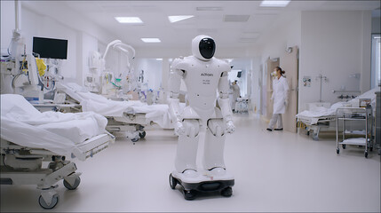 Humanoid robot in a modern hospital corridor with medical equipment and staff