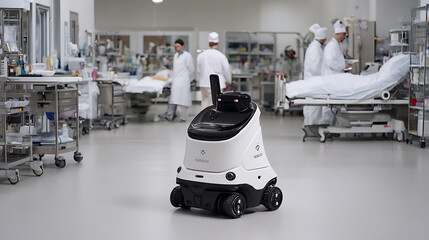 Autonomous robot in hospital ward with medical staff attending patients