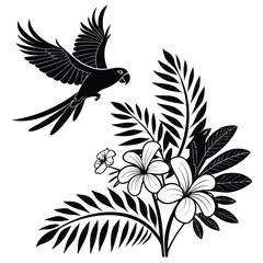 Parrot flying over tropical flowers silhouette