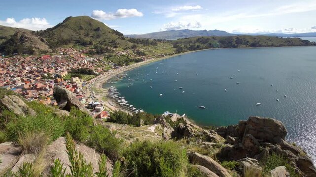 Copacabana town and lake titicaca seen from cerro calvario, bolivia