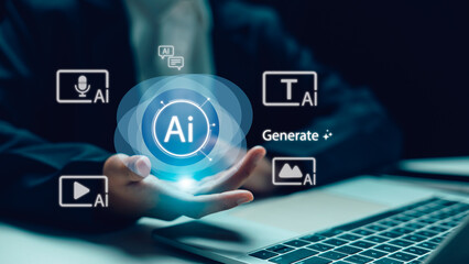 Generative AI technology concept with digital icons for text, image, video, and voice creation. Suitable for artificial intelligence tools, machine learning innovation, and creative automation.