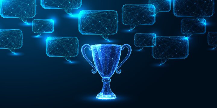 AI-driven achievement and leadership communication concept. Glowing trophy and chat bubbles vector