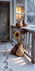 Rustic Porch Decor with Gourds and Sunflowers Covered in Fresh Snow and Hoarfrost, Bathed in Warm Winter Light.