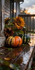 Golden Hour Rain on Autumn Gourds and Fading Sunflowers, Rustic Porch Decor with Water Droplets and Warm Reflections