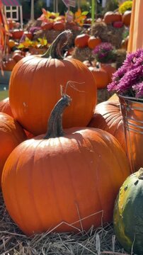 Fall harvest festival with many different pumpkins and chrysanthemums flowers on the hay close up. Farm market decoration with cozy fall mood