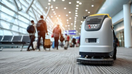 Medium shot of an industrial carpet cleaning machine working in a large airport terminal focusing on the equipments control panel while travelers move out of focus.