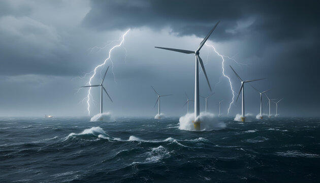 Stormy Ocean with Offshore Wind Turbines and Lightning - Powered by Adobe