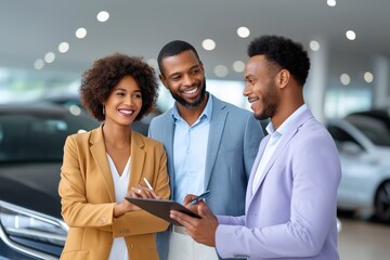 Smiling couple and car dealer discussing electric vehicle purchase in a bright, modern showroom, concept of eco-friendly transportation, customer service, and successful business interaction