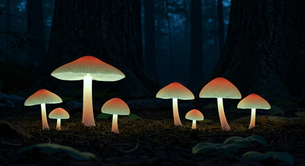 Glowing mushrooms in a dark forest, shining with natural light creating a magical fantasy atmosphere