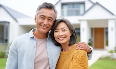 Obraz premium Smiling asian couple embracing in front of modern white house with green lawn on a sunny day, concept of real estate, new home ownership, family lifestyle and happiness