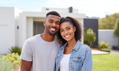 Smiling young couple standing together in front of modern white house with green lawn on a sunny day, concept of real estate ownership, happiness and new beginnings