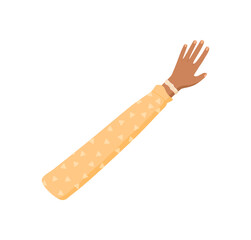 Raised colorful cartoon hand with open palm and expressive finger gesture. Multicultural human arm symbol with diverse tone. Flat colorful art symbolizing unity and equality.