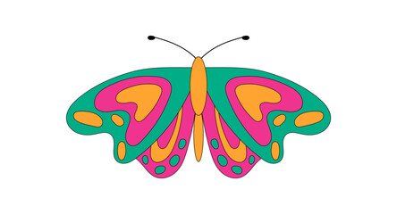 Colorful groovy butterfly in a retro psychedelic cartoon look. Abstract funky pop form as a groovy element. Perfect sticker with y2k details for playful vintage style or fun accent design.